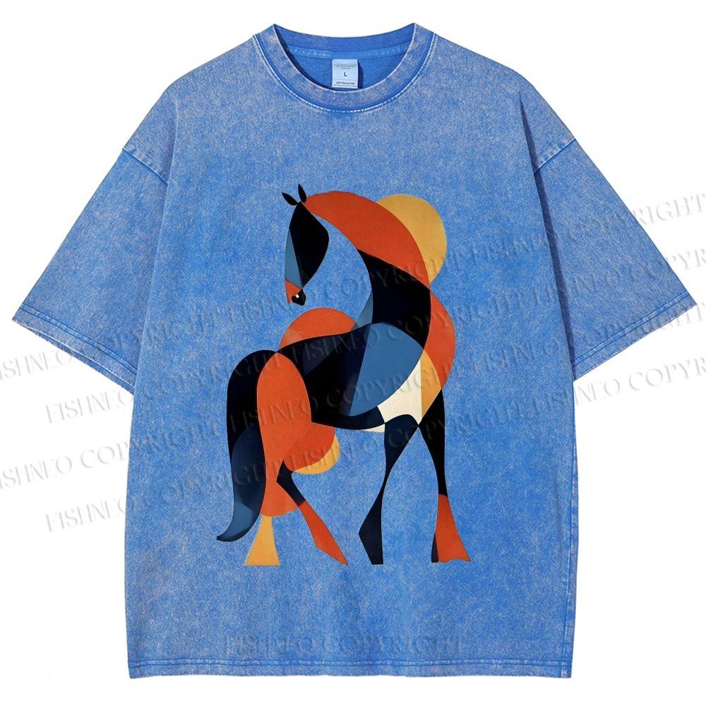 Unisex Geometric Color-Block Horse Printed Washed Tee