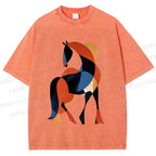 Unisex Geometric Color-Block Horse Printed Washed Tee