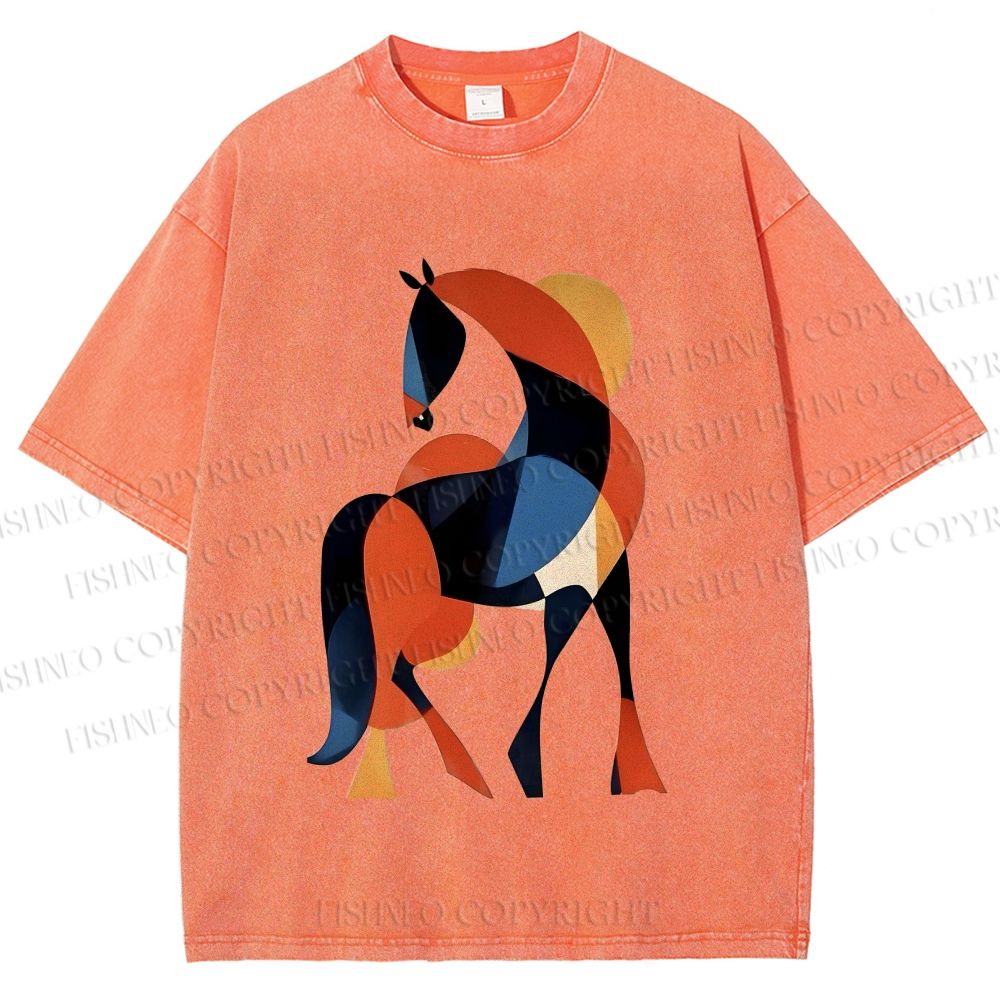 Unisex Geometric Color-Block Horse Printed Washed Tee