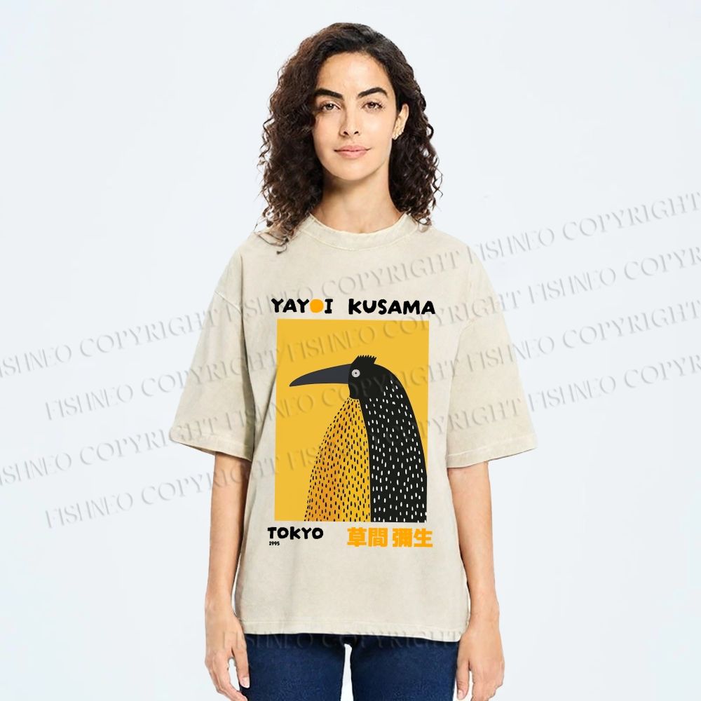 Unisex Half-Split Dot Bird Printed Washed Tee