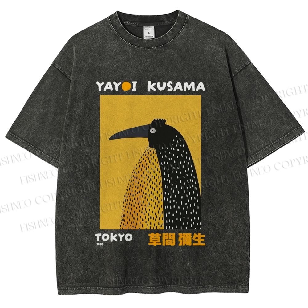 Unisex Half-Split Dot Bird Printed Washed Tee