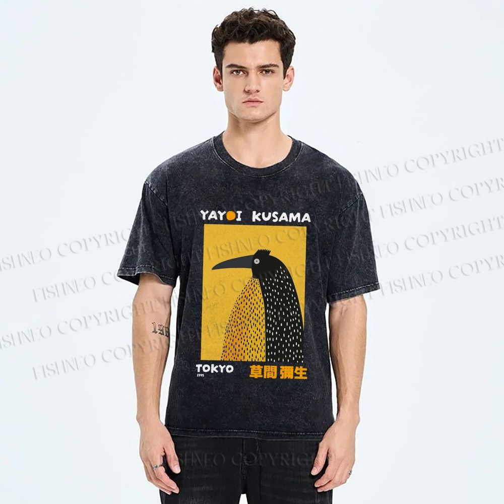 Unisex Half-Split Dot Bird Printed Washed Tee