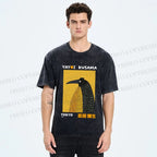 Unisex Half-Split Dot Bird Printed Washed Tee