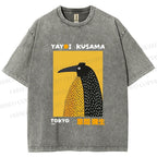 Unisex Half-Split Dot Bird Printed Washed Tee