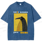 Unisex Half-Split Dot Bird Printed Washed Tee