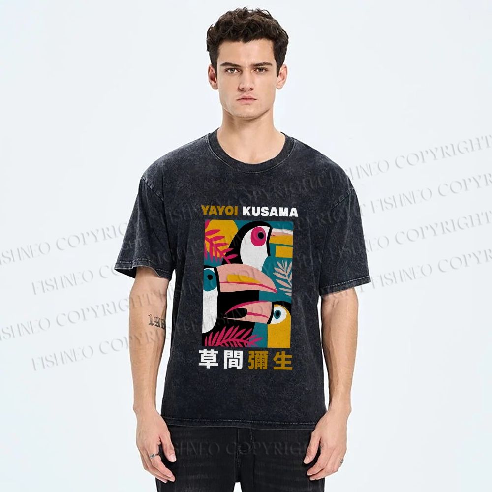 Unisex Tropical Geometric Toucans Printed Washed Tee