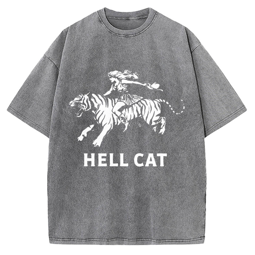 Unisex Vintage Cowgirl Hell Cat Printed Washed Tee