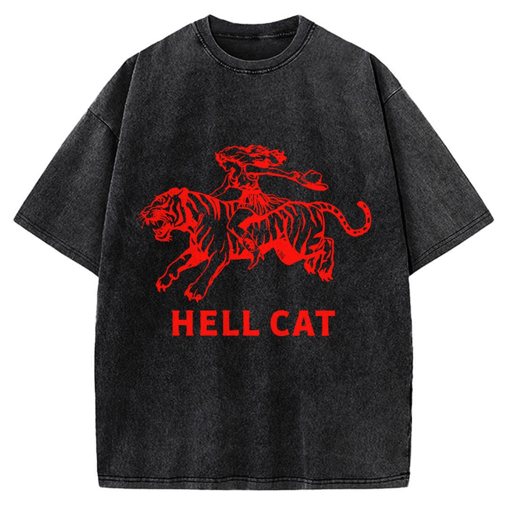 Unisex Vintage Cowgirl Hell Cat Printed Washed Tee