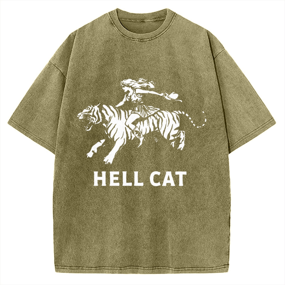 Unisex Vintage Cowgirl Hell Cat Printed Washed Tee