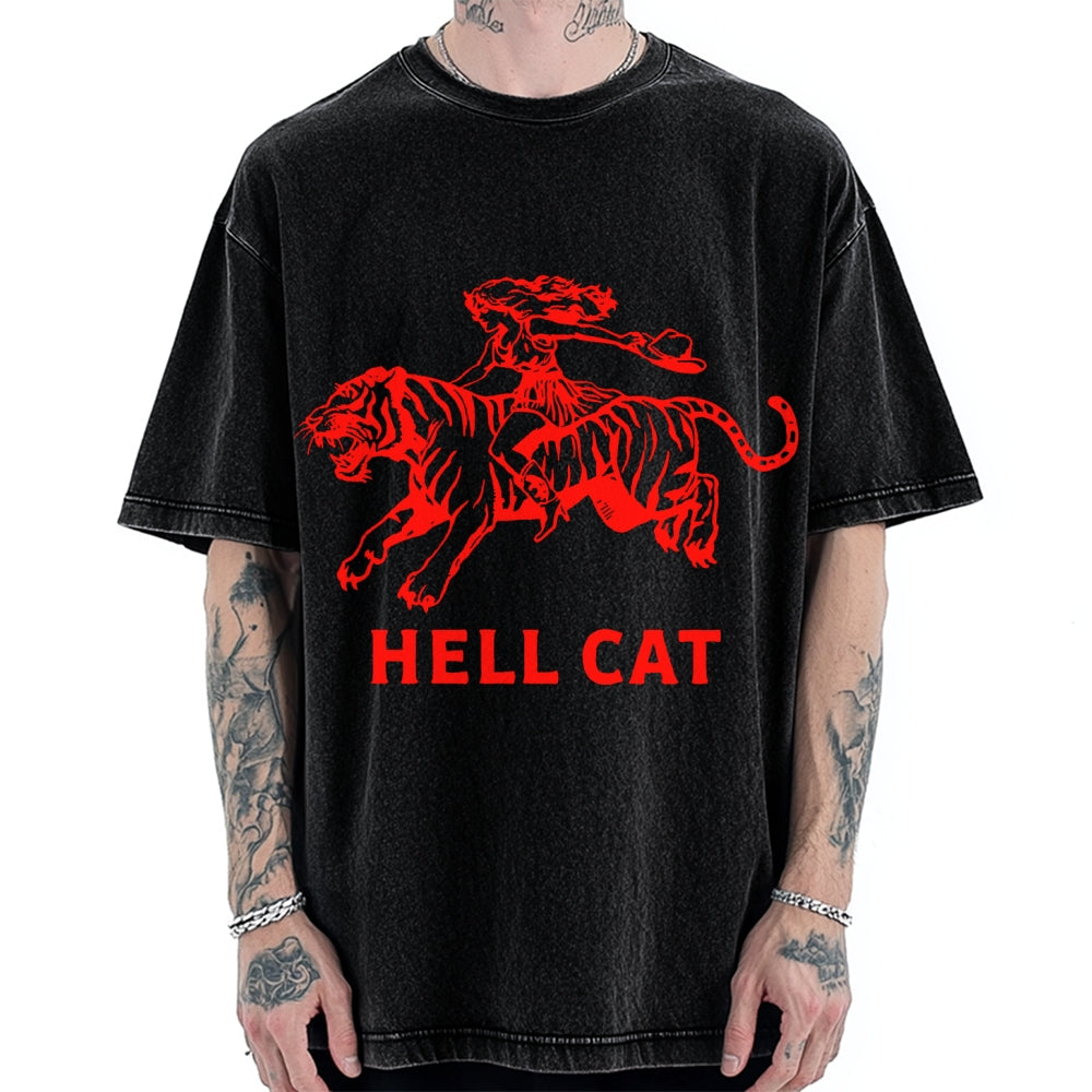Unisex Vintage Cowgirl Hell Cat Printed Washed Tee