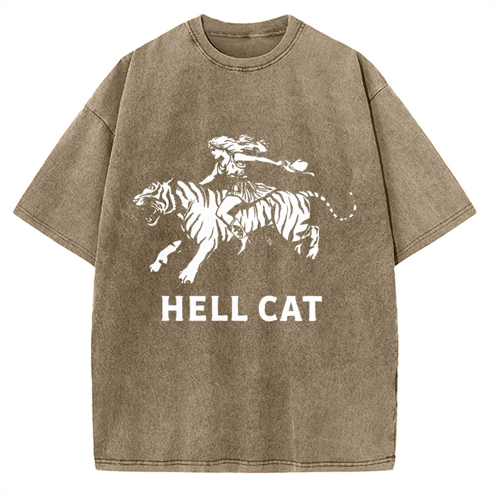 Unisex Vintage Cowgirl Hell Cat Printed Washed Tee