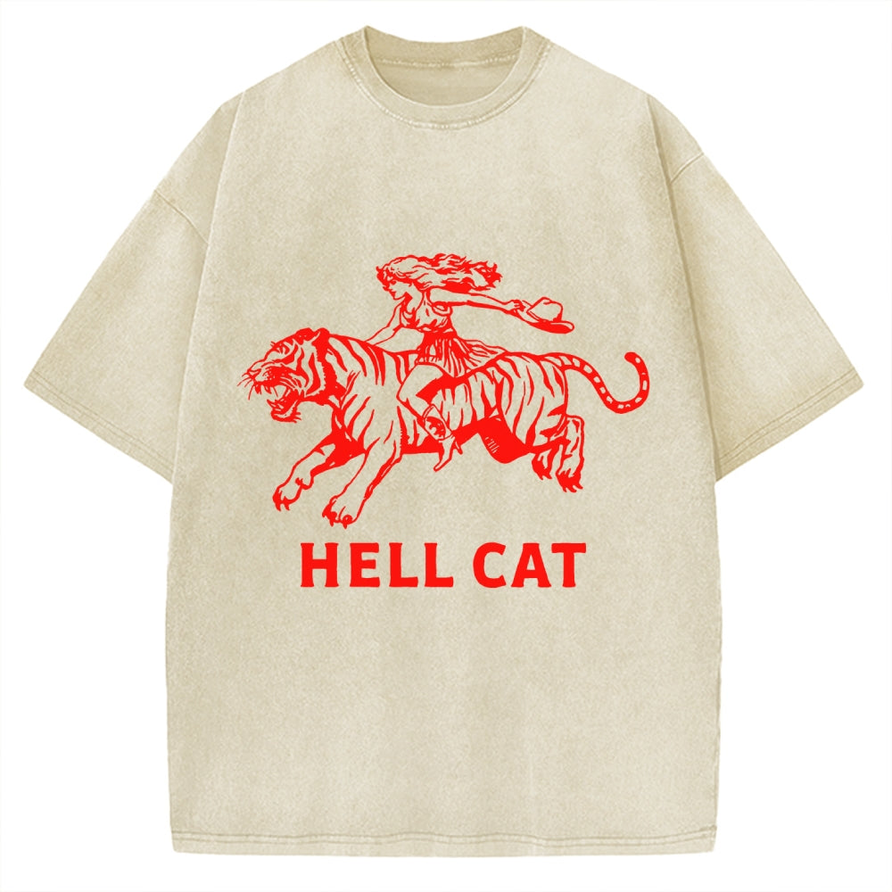 Unisex Vintage Cowgirl Hell Cat Printed Washed Tee