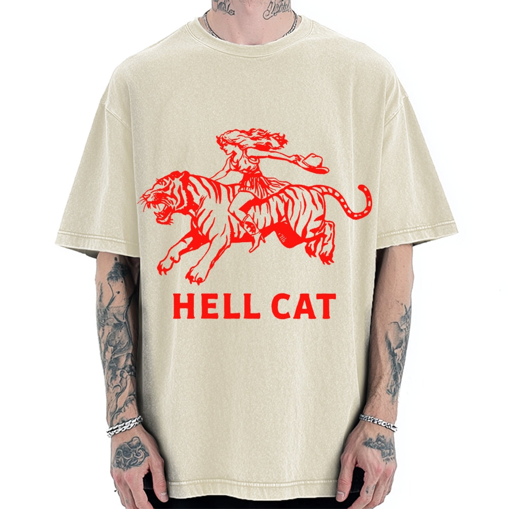 Unisex Vintage Cowgirl Hell Cat Printed Washed Tee