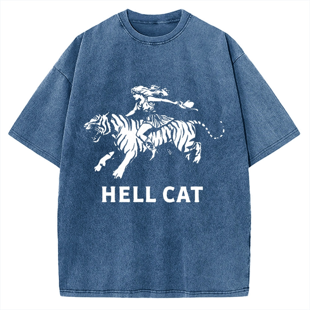 Unisex Vintage Cowgirl Hell Cat Printed Washed Tee