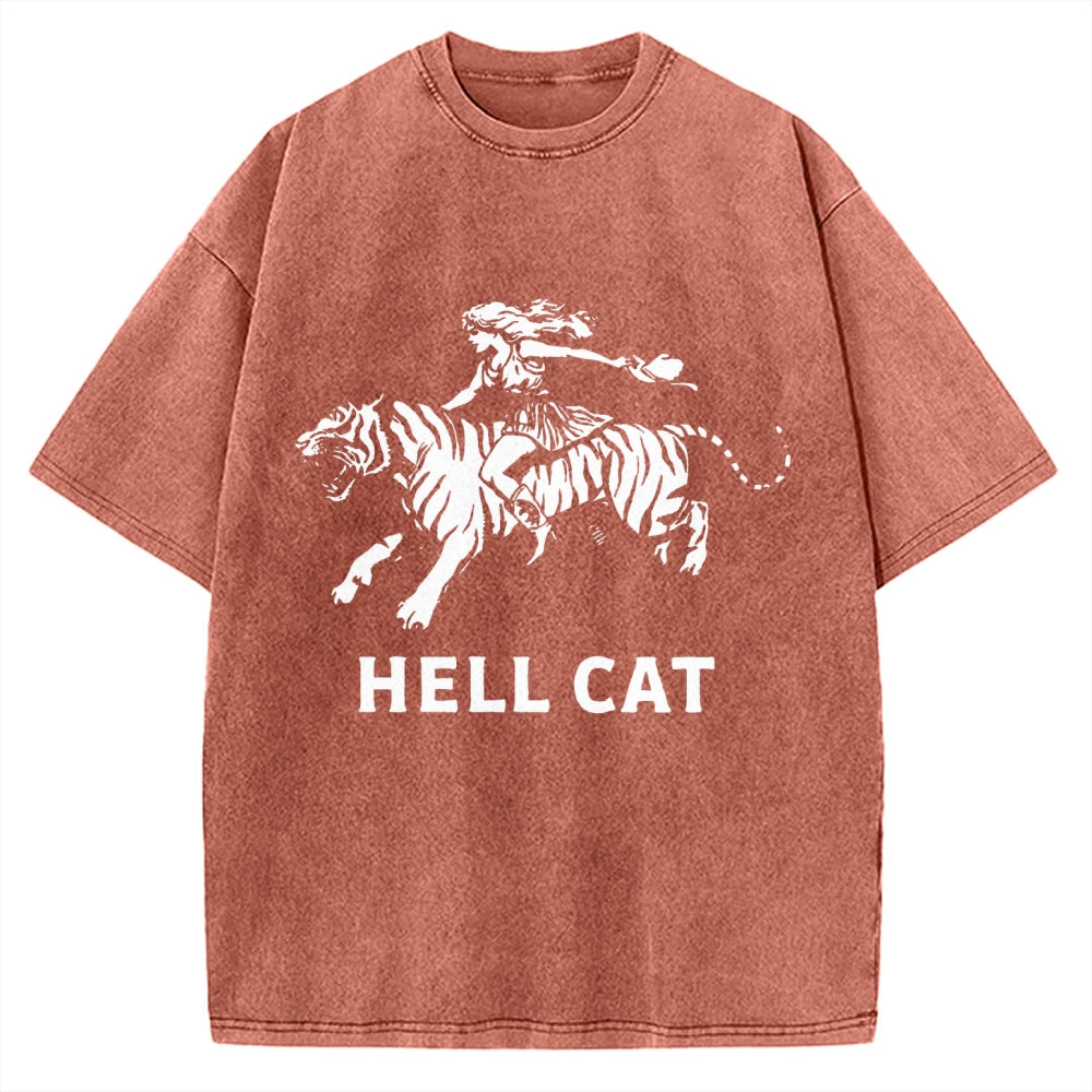 Unisex Vintage Cowgirl Hell Cat Printed Washed Tee