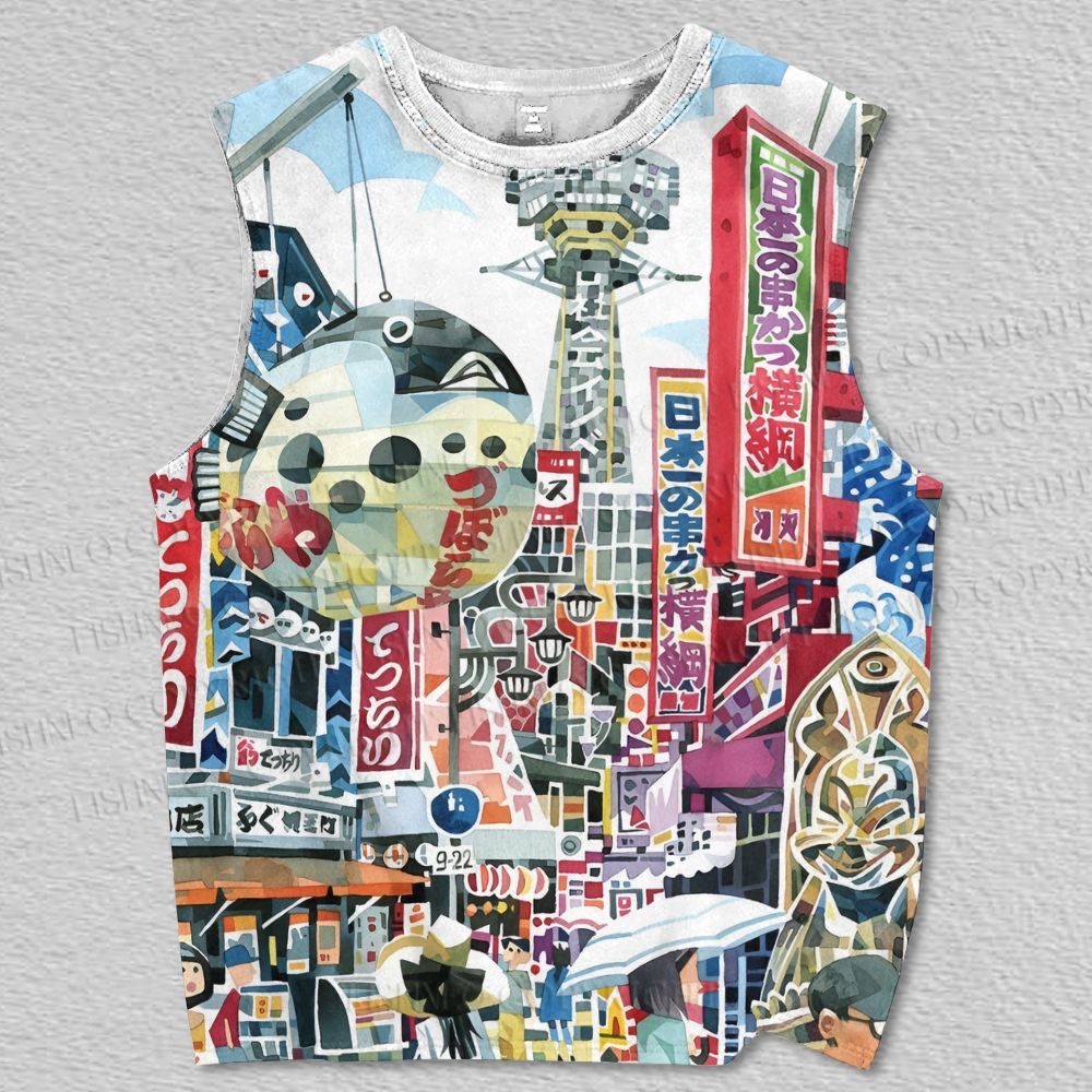 Unisex Japanese City Graffiti Printed Tank Top