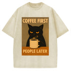 Unisex Retro Cat Coffee First People Later Art Fun Print Vintage Washed T-shirt