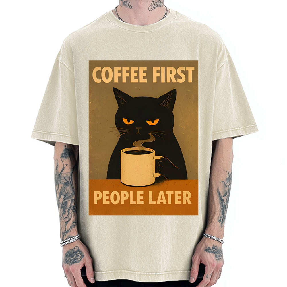 Unisex Retro Cat Coffee First People Later Art Fun Print Vintage Washed T-shirt