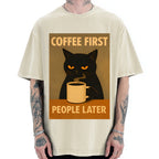 Unisex Retro Cat Coffee First People Later Art Fun Print Vintage Washed T-shirt
