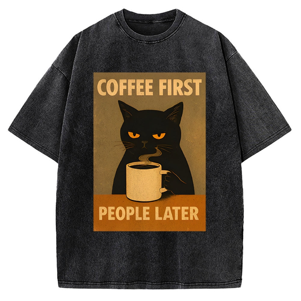 Unisex Retro Cat Coffee First People Later Art Fun Print Vintage Washed T-shirt