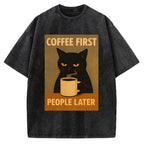Unisex Retro Cat Coffee First People Later Art Fun Print Vintage Washed T-shirt