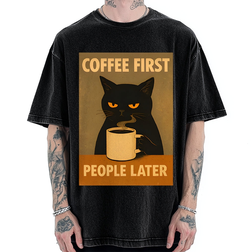 Unisex Retro Cat Coffee First People Later Art Fun Print Vintage Washed T-shirt