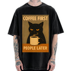 Unisex Retro Cat Coffee First People Later Art Fun Print Vintage Washed T-shirt