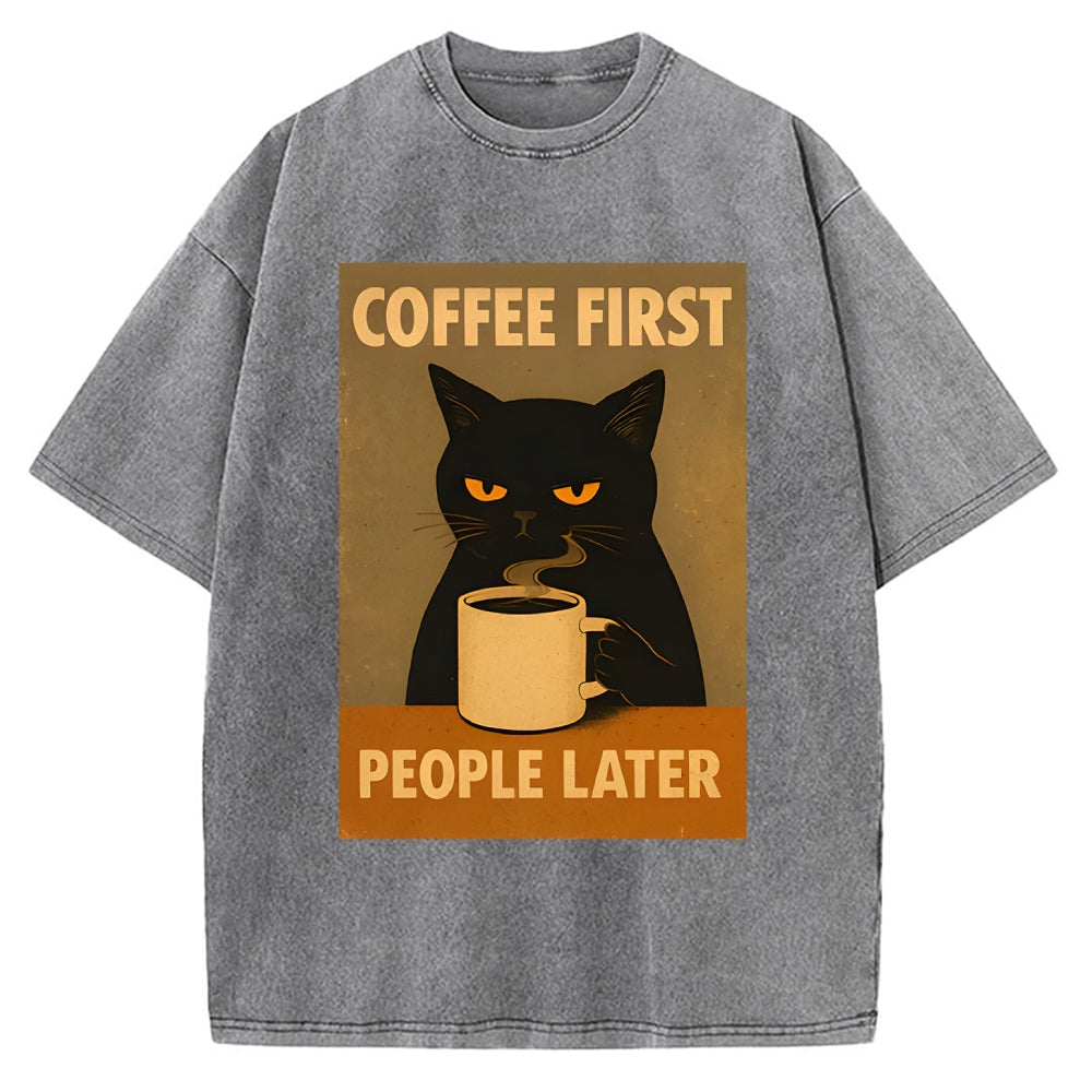 Unisex Retro Cat Coffee First People Later Art Fun Print Vintage Washed T-shirt