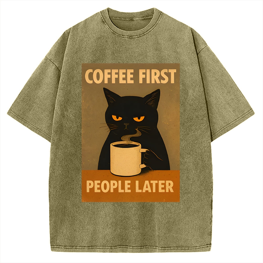 Unisex Retro Cat Coffee First People Later Art Fun Print Vintage Washed T-shirt