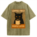Unisex Retro Cat Coffee First People Later Art Fun Print Vintage Washed T-shirt
