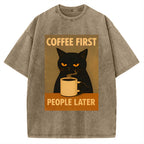 Unisex Retro Cat Coffee First People Later Art Fun Print Vintage Washed T-shirt