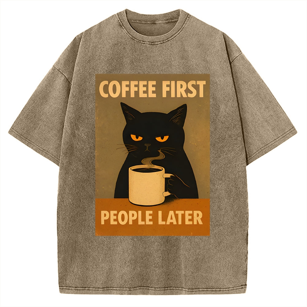 Unisex Retro Cat Coffee First People Later Art Fun Print Vintage Washed T-shirt