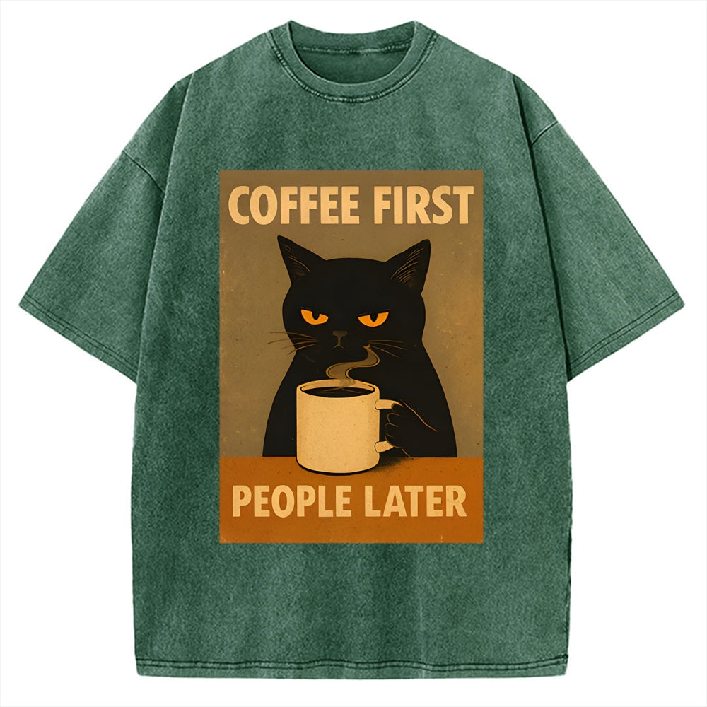 Unisex Retro Cat Coffee First People Later Art Fun Print Vintage Washed T-shirt