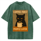 Unisex Retro Cat Coffee First People Later Art Fun Print Vintage Washed T-shirt