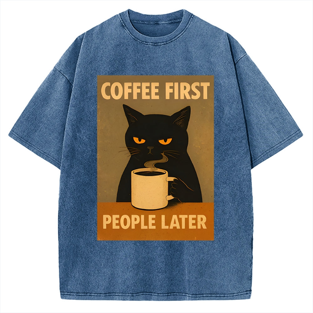 Unisex Retro Cat Coffee First People Later Art Fun Print Vintage Washed T-shirt