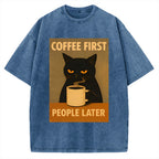 Unisex Retro Cat Coffee First People Later Art Fun Print Vintage Washed T-shirt