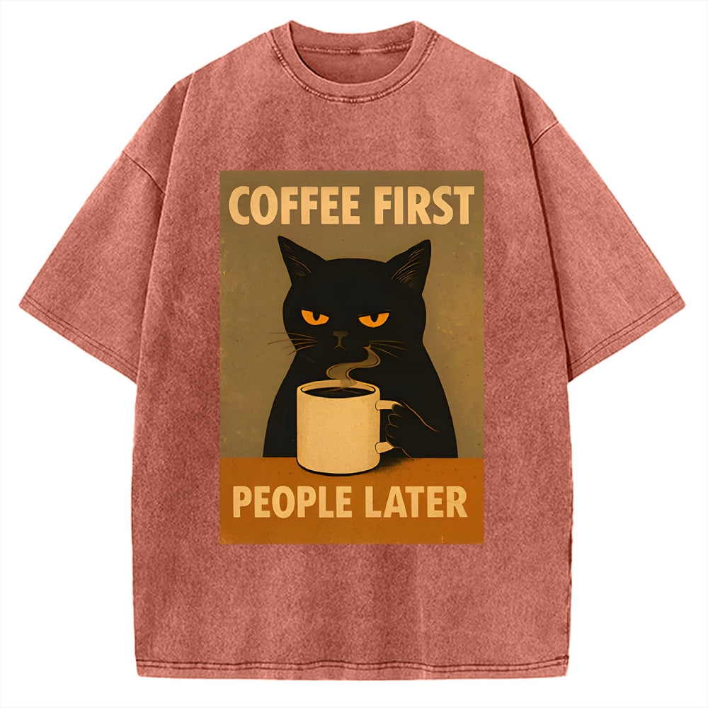 Unisex Retro Cat Coffee First People Later Art Fun Print Vintage Washed T-shirt