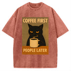 Unisex Retro Cat Coffee First People Later Art Fun Print Vintage Washed T-shirt