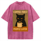 Unisex Retro Cat Coffee First People Later Art Fun Print Vintage Washed T-shirt