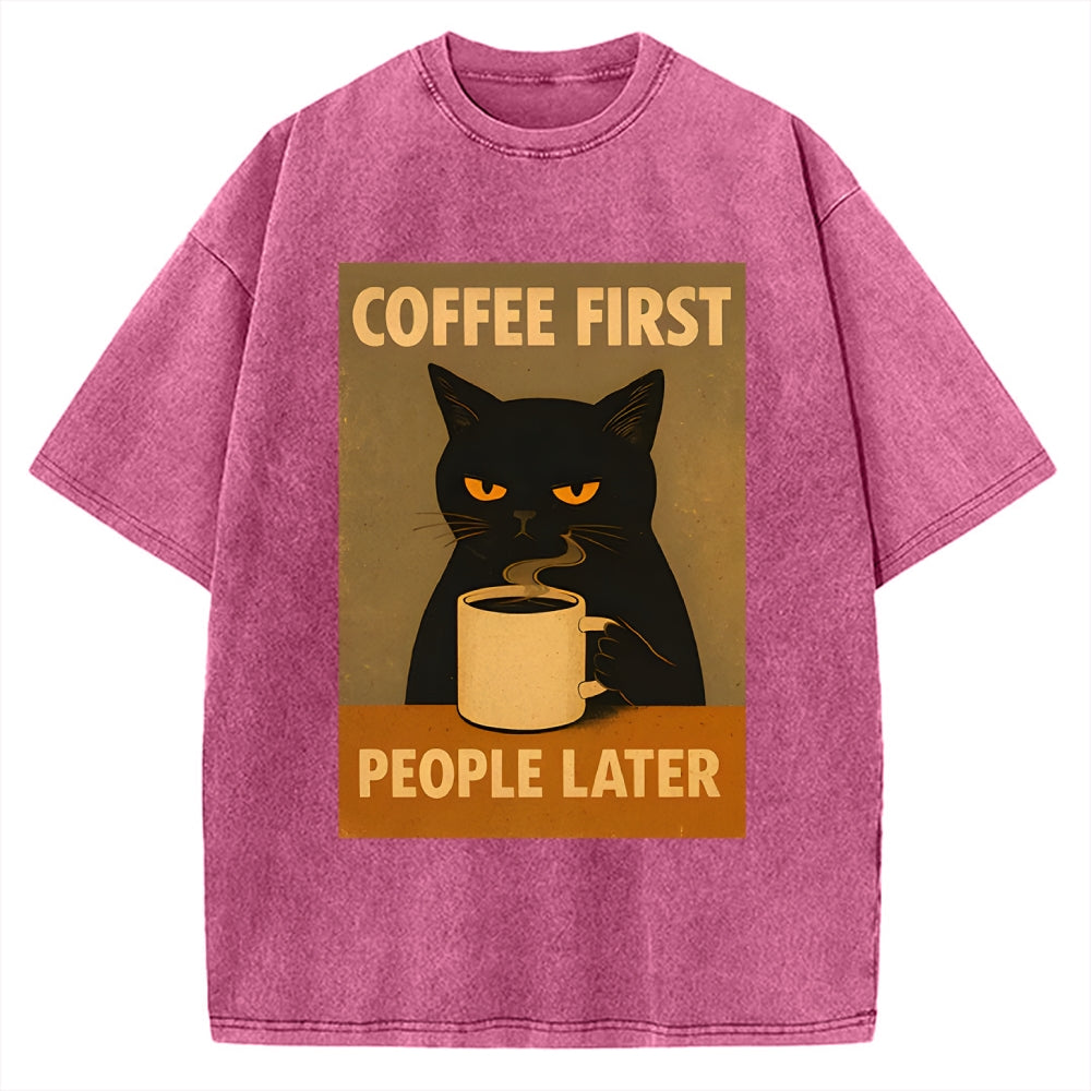 Unisex Retro Cat Coffee First People Later Art Fun Print Vintage Washed T-shirt