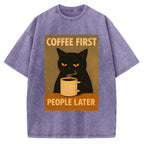 Unisex Retro Cat Coffee First People Later Art Fun Print Vintage Washed T-shirt