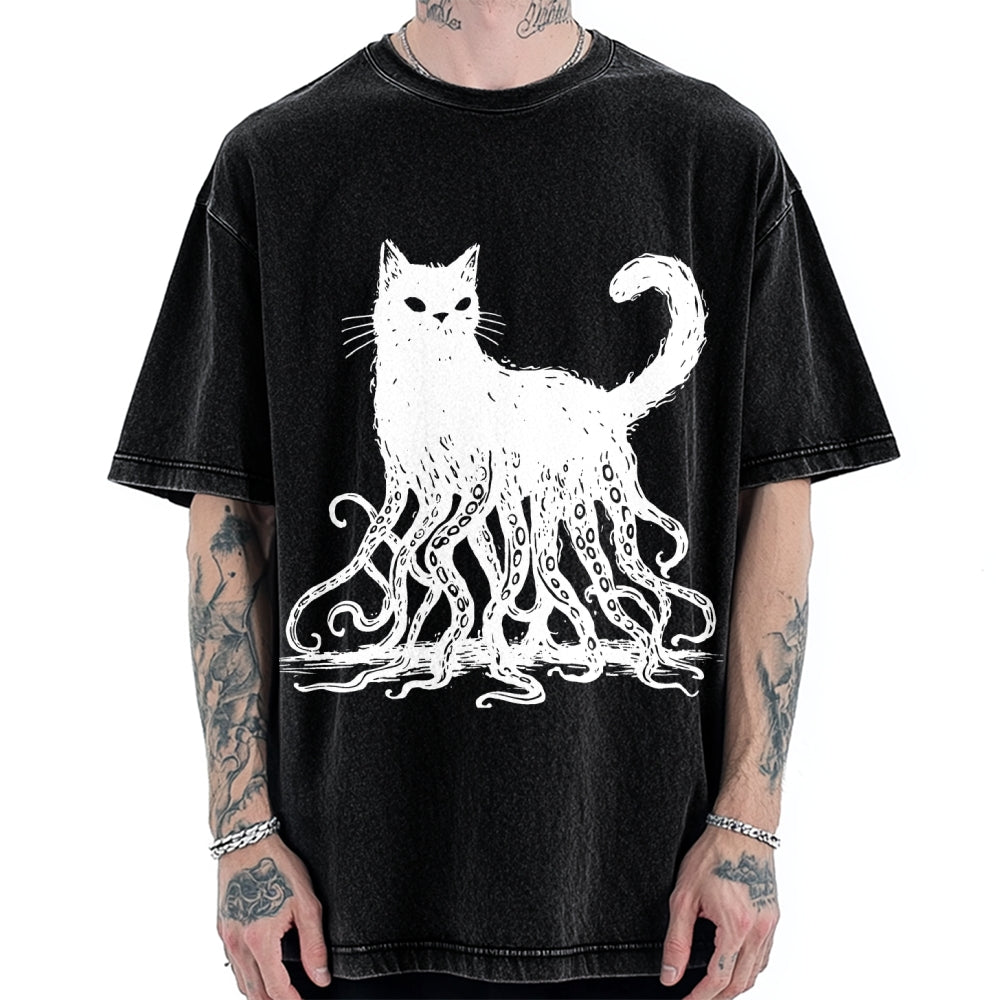 Unisex Octopus Cat Vintage Washed T-shirt
