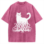 Unisex Octopus Cat Vintage Washed T-shirt