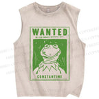 Unisex Wanted For Frog Printed Washed Tank Top