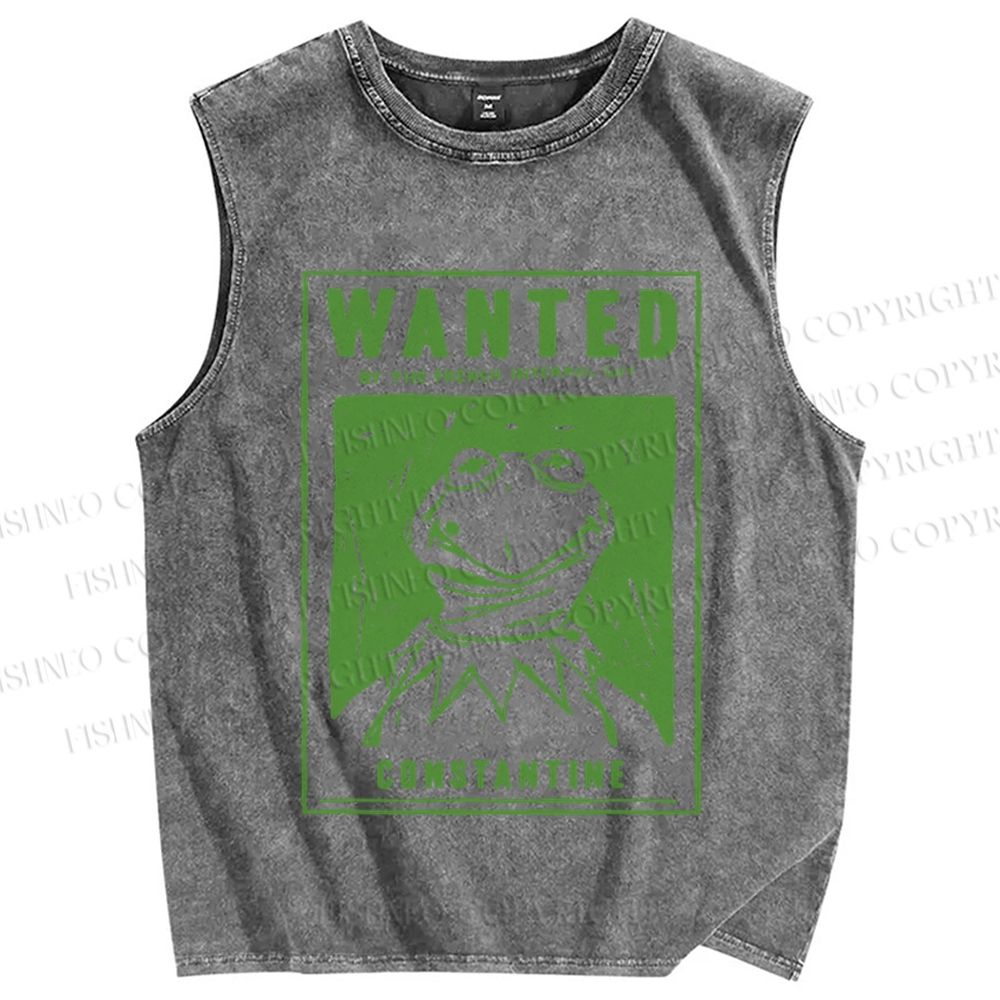 Unisex Wanted For Frog Printed Washed Tank Top