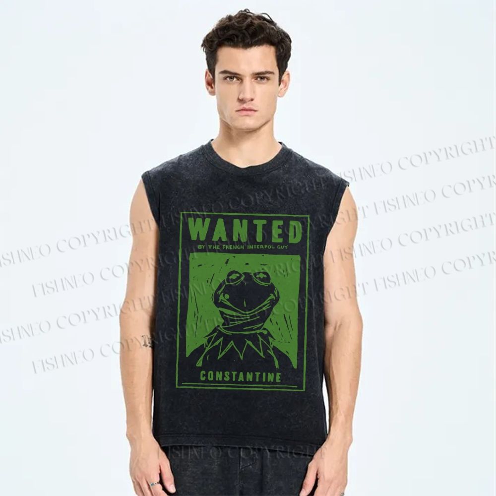 Unisex Wanted For Frog Printed Washed Tank Top