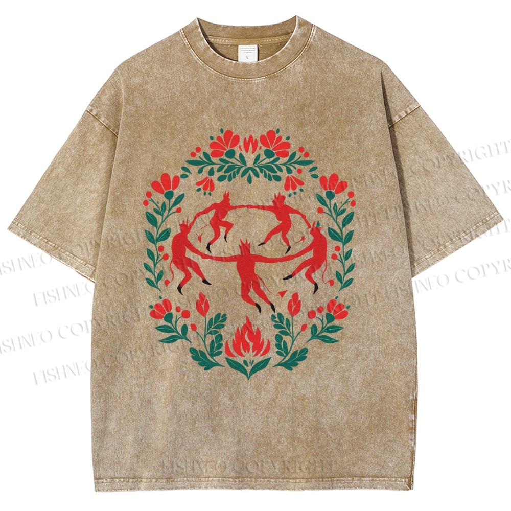 Unisex Flowers Devil Dancer Printed Washed Tee
