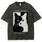 Unisex Yayoi Kusama Black White Cat Printed Washed Tee