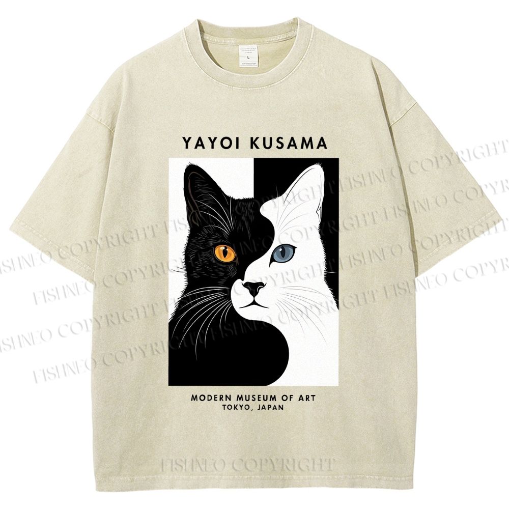 Unisex Yayoi Kusama Black White Cat Printed Washed Tee