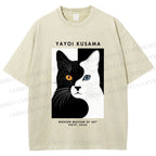Unisex Yayoi Kusama Black White Cat Printed Washed Tee